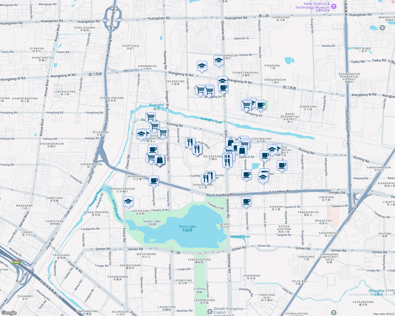 map of restaurants, bars, coffee shops, grocery stores, and more near in Hefei