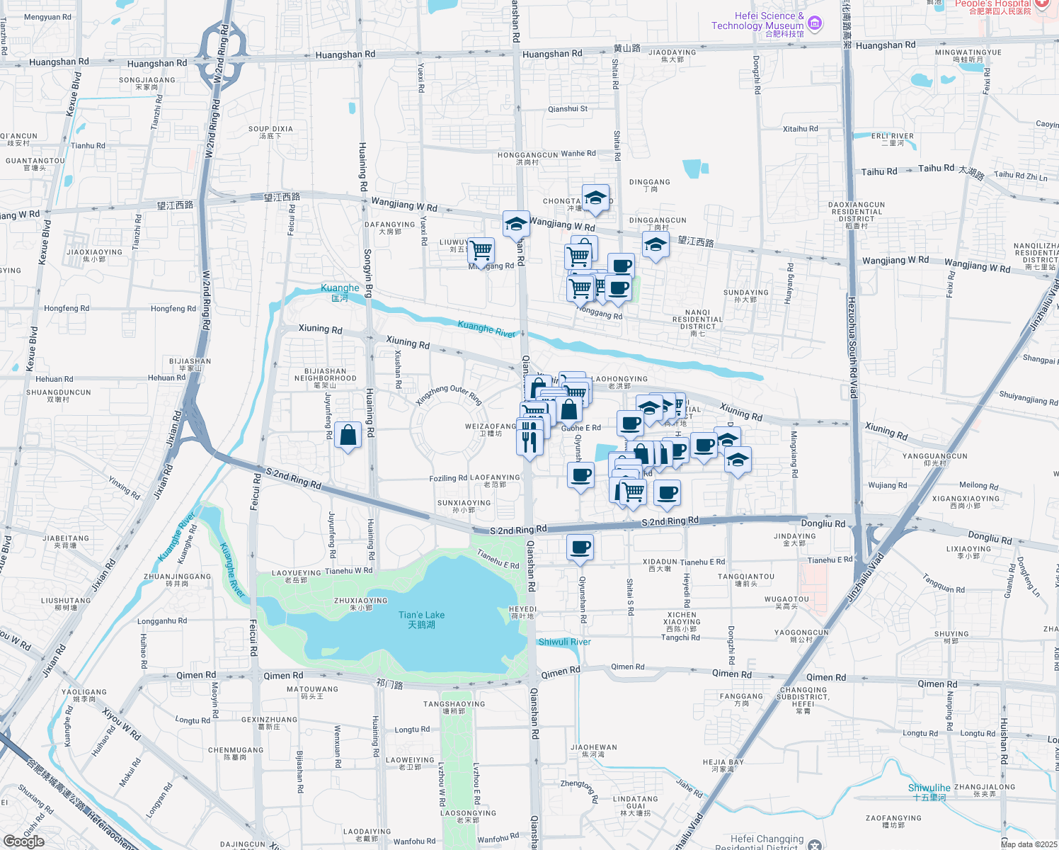map of restaurants, bars, coffee shops, grocery stores, and more near Qian Shan Lu in He Fei Shi