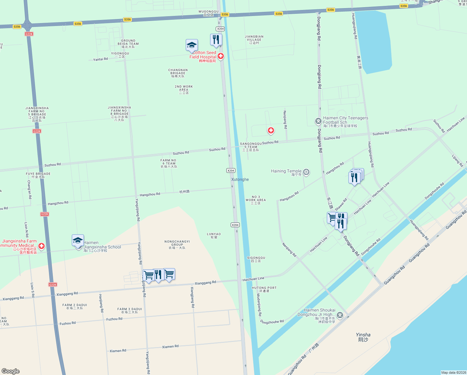 map of restaurants, bars, coffee shops, grocery stores, and more near Hang Zhou Lu in Nan Tong Shi