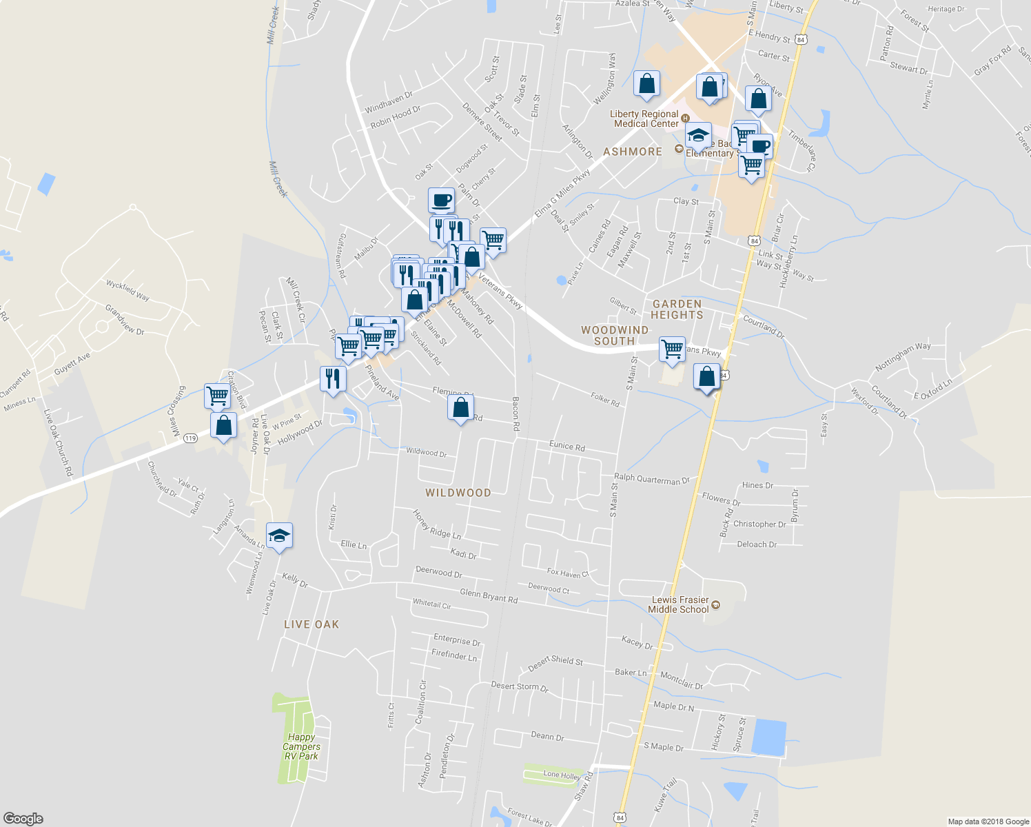 map of restaurants, bars, coffee shops, grocery stores, and more near 829 Bacon Road in Hinesville