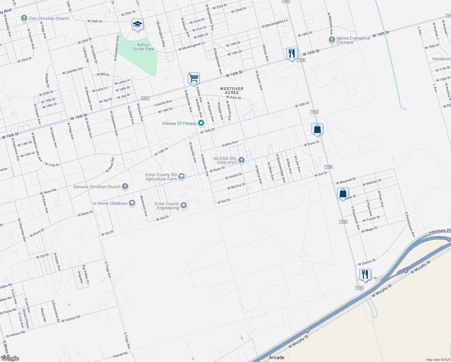 map of restaurants, bars, coffee shops, grocery stores, and more near 7160 West Venita Street in Odessa