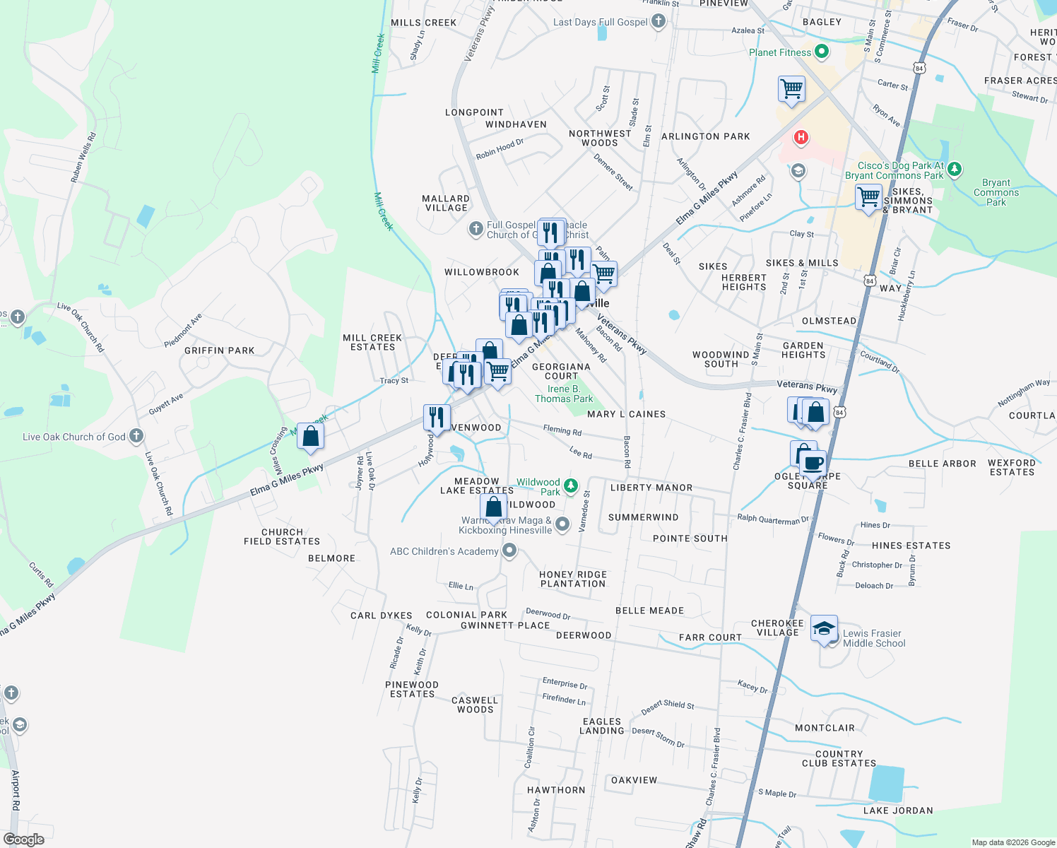 map of restaurants, bars, coffee shops, grocery stores, and more near 740 Fleming Rd in Hinesville