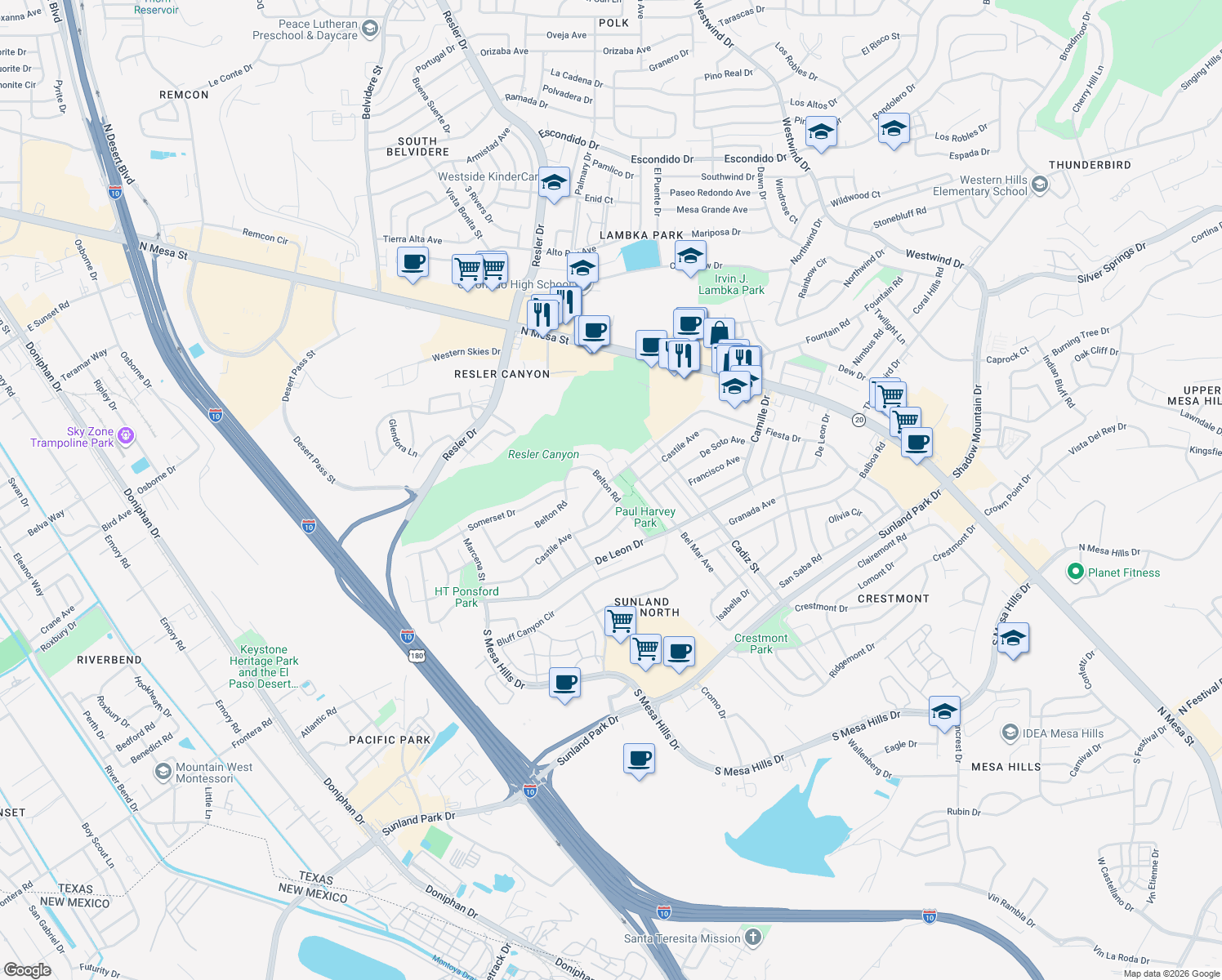 map of restaurants, bars, coffee shops, grocery stores, and more near 6316 Belton Road in El Paso