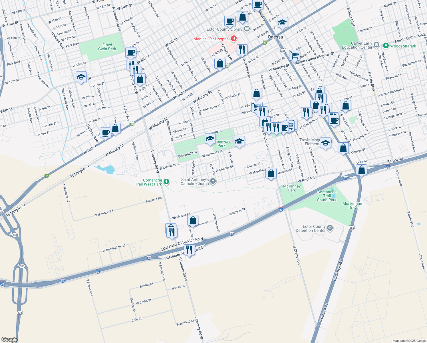 map of restaurants, bars, coffee shops, grocery stores, and more near 1399 West Charles Street in Odessa