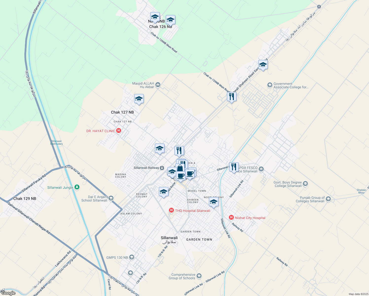 map of restaurants, bars, coffee shops, grocery stores, and more near Sillanwali Shaheen Abad Sargodha Road in Sillanwali