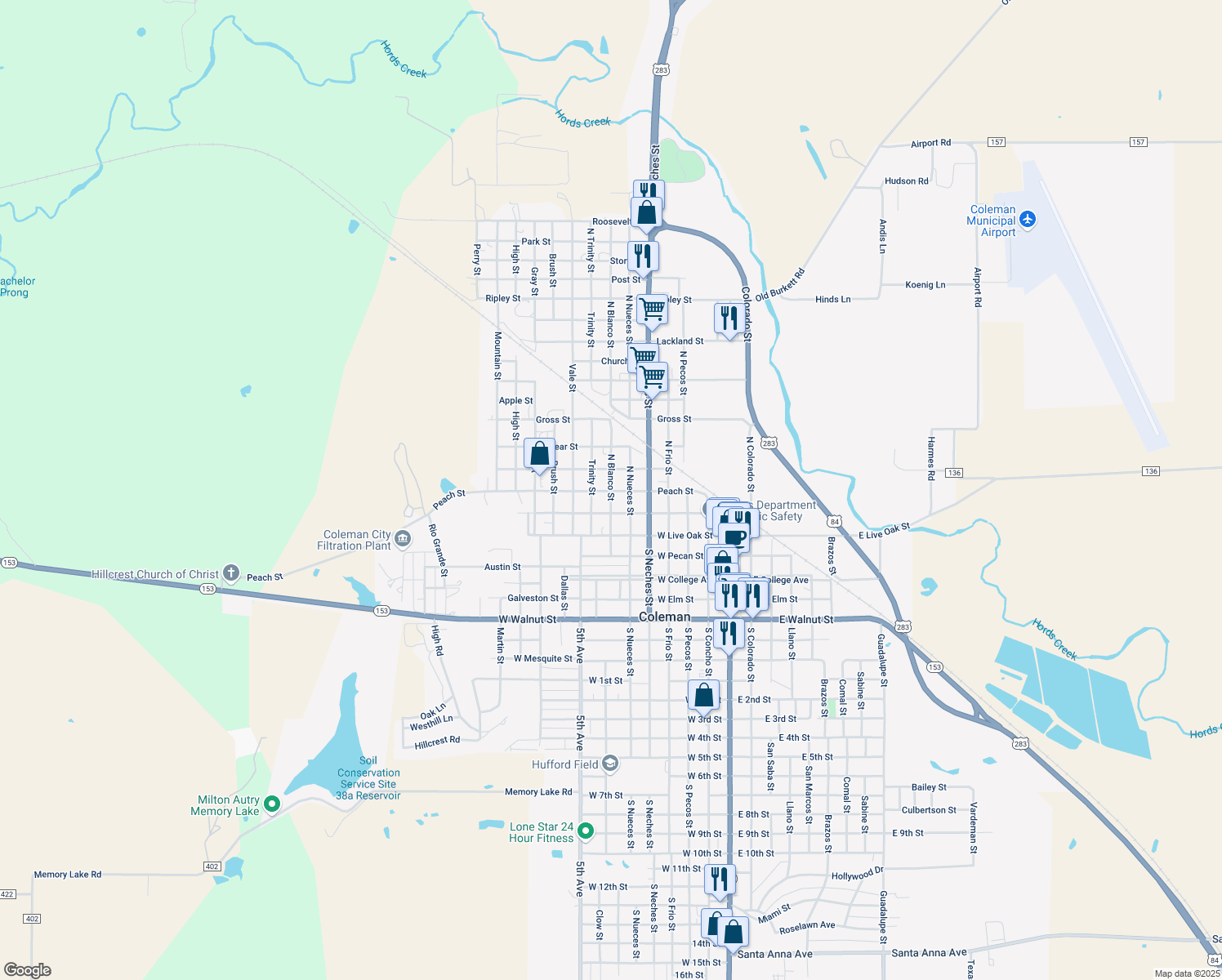 map of restaurants, bars, coffee shops, grocery stores, and more near 302 North Blanco Street in Coleman
