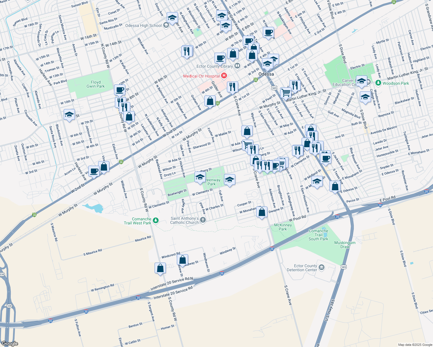 map of restaurants, bars, coffee shops, grocery stores, and more near 1108 Clifford Street in Odessa