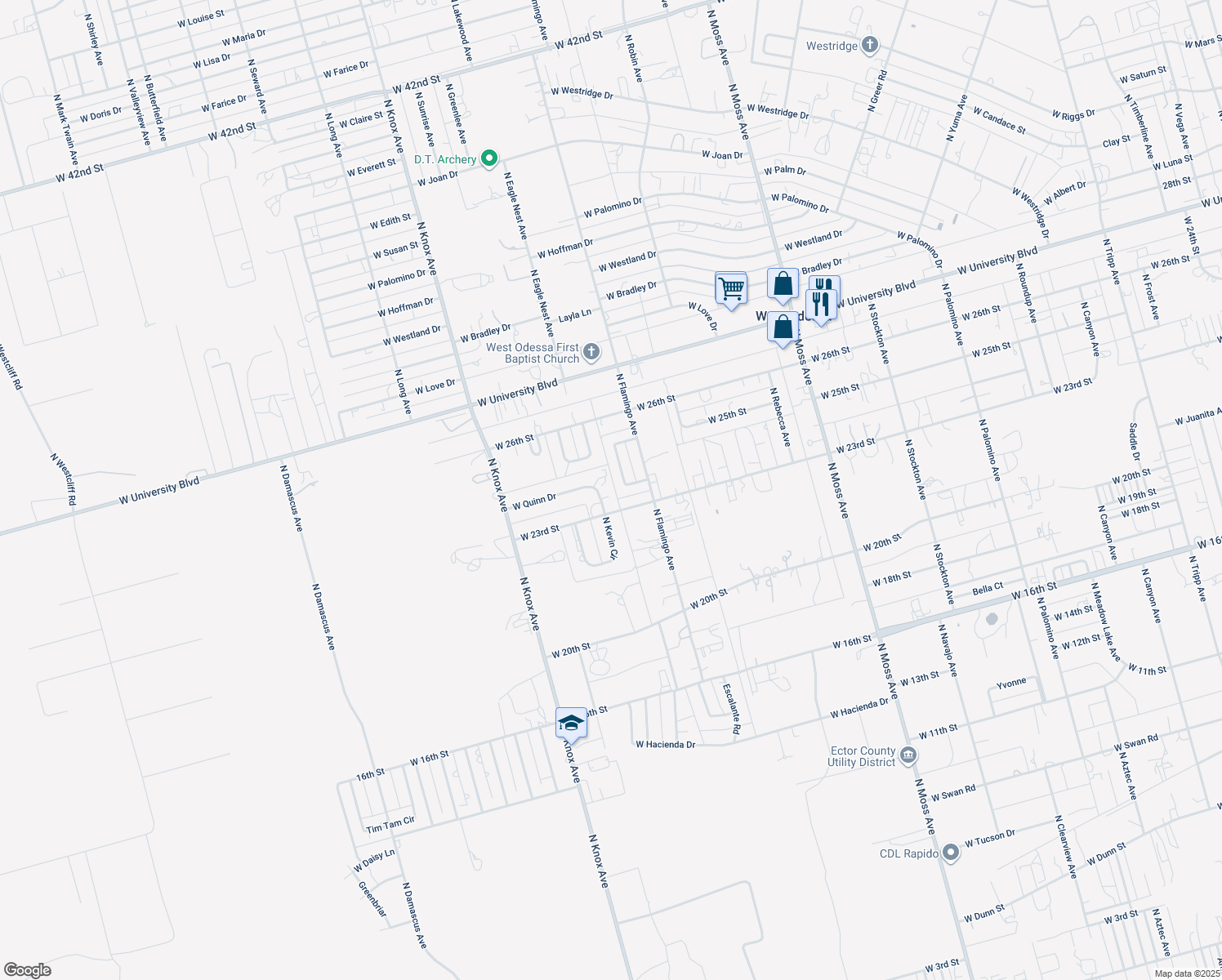 map of restaurants, bars, coffee shops, grocery stores, and more near 25 N Broken Bow Cir in Odessa