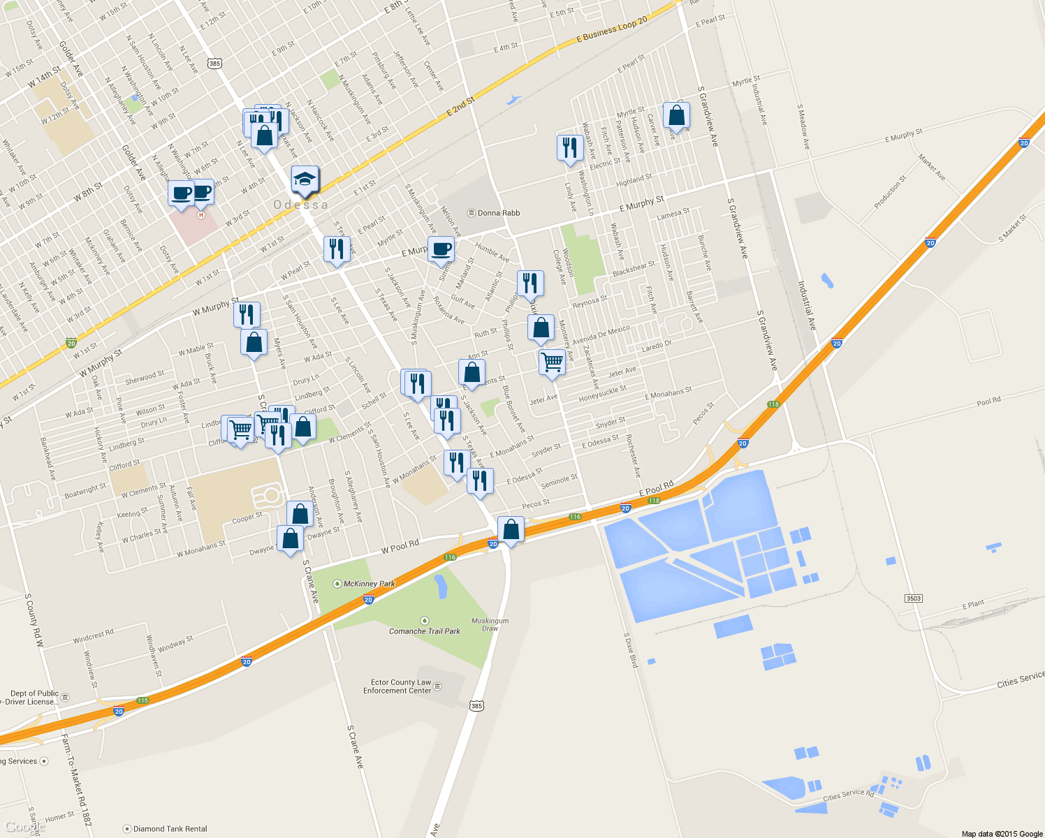 map of restaurants, bars, coffee shops, grocery stores, and more near 1313 Bluebonnet Avenue in Odessa