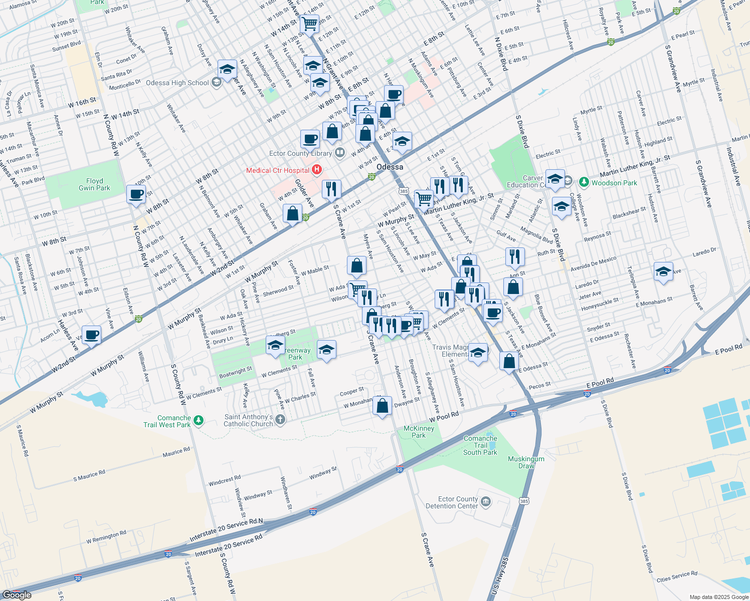 map of restaurants, bars, coffee shops, grocery stores, and more near 609 Drury Ln in Odessa