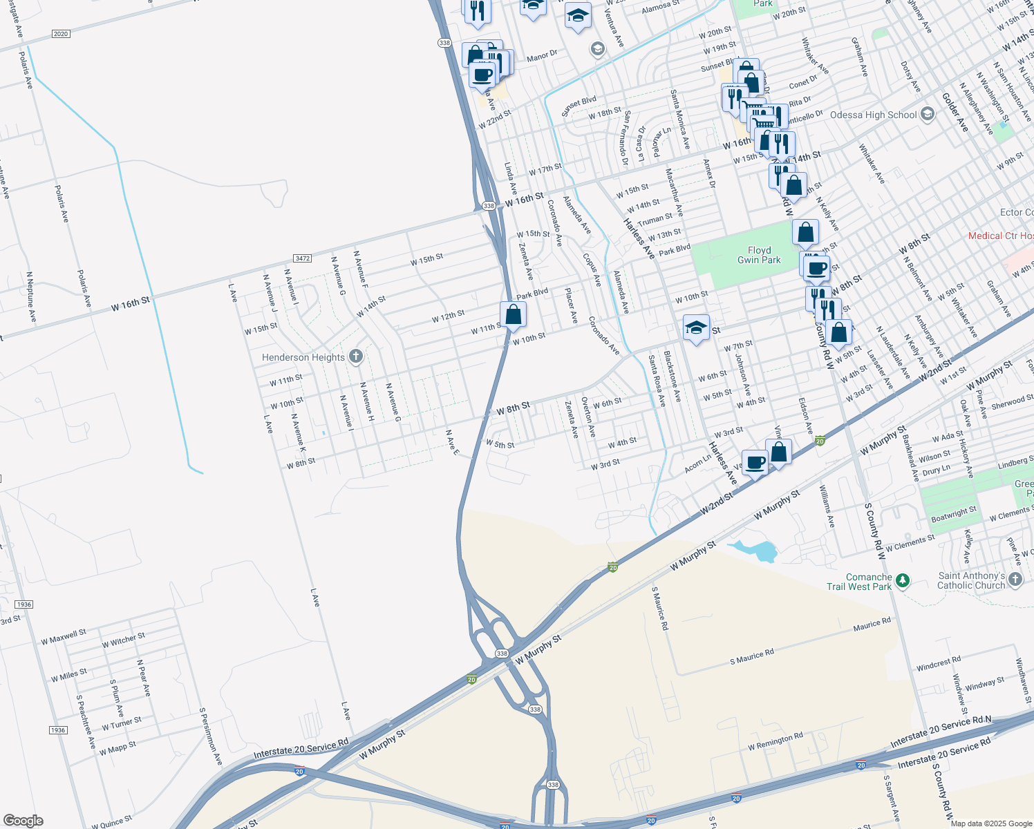 map of restaurants, bars, coffee shops, grocery stores, and more near 537 Avenue B in Odessa