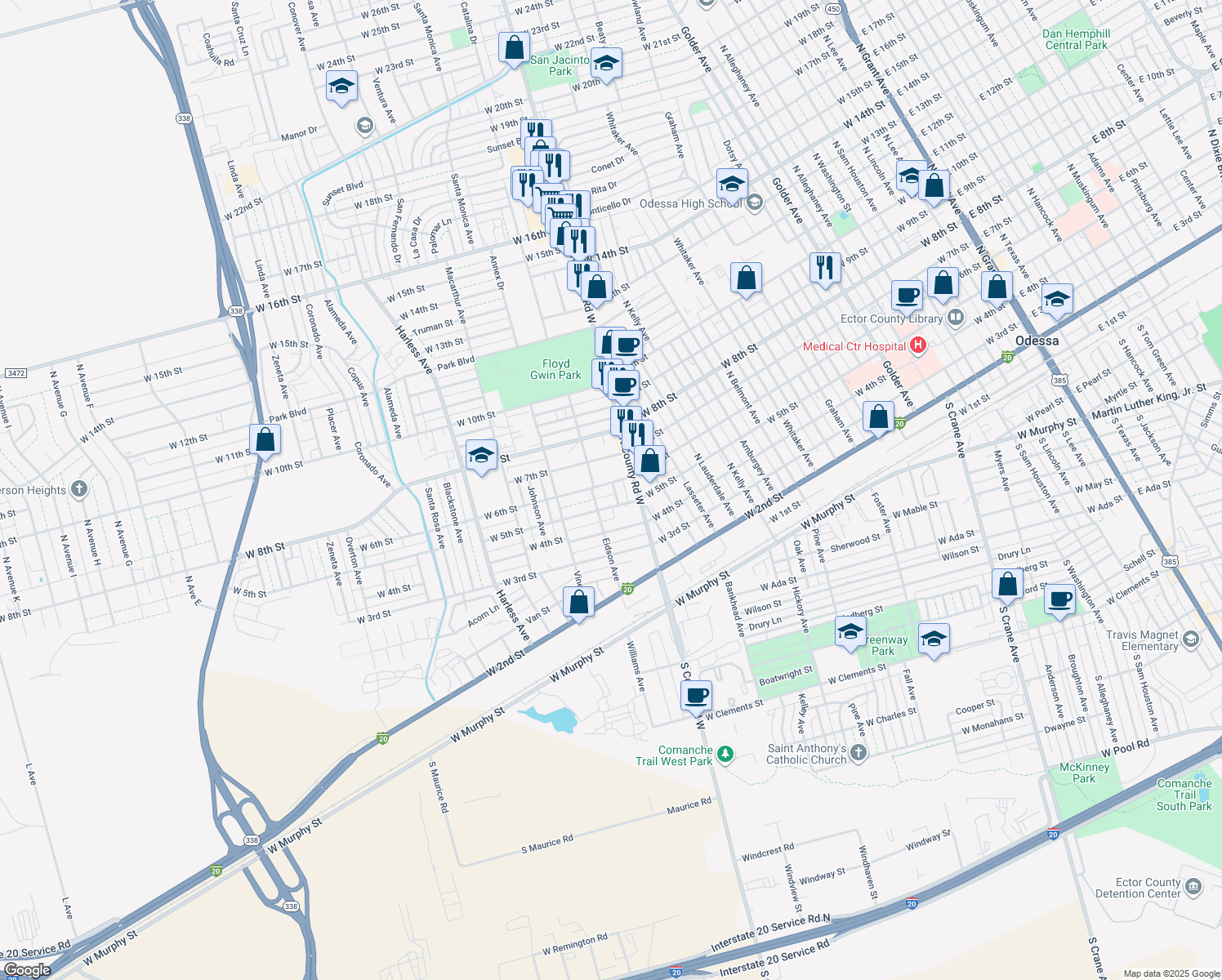 map of restaurants, bars, coffee shops, grocery stores, and more near 521 Headlee Ave in Odessa