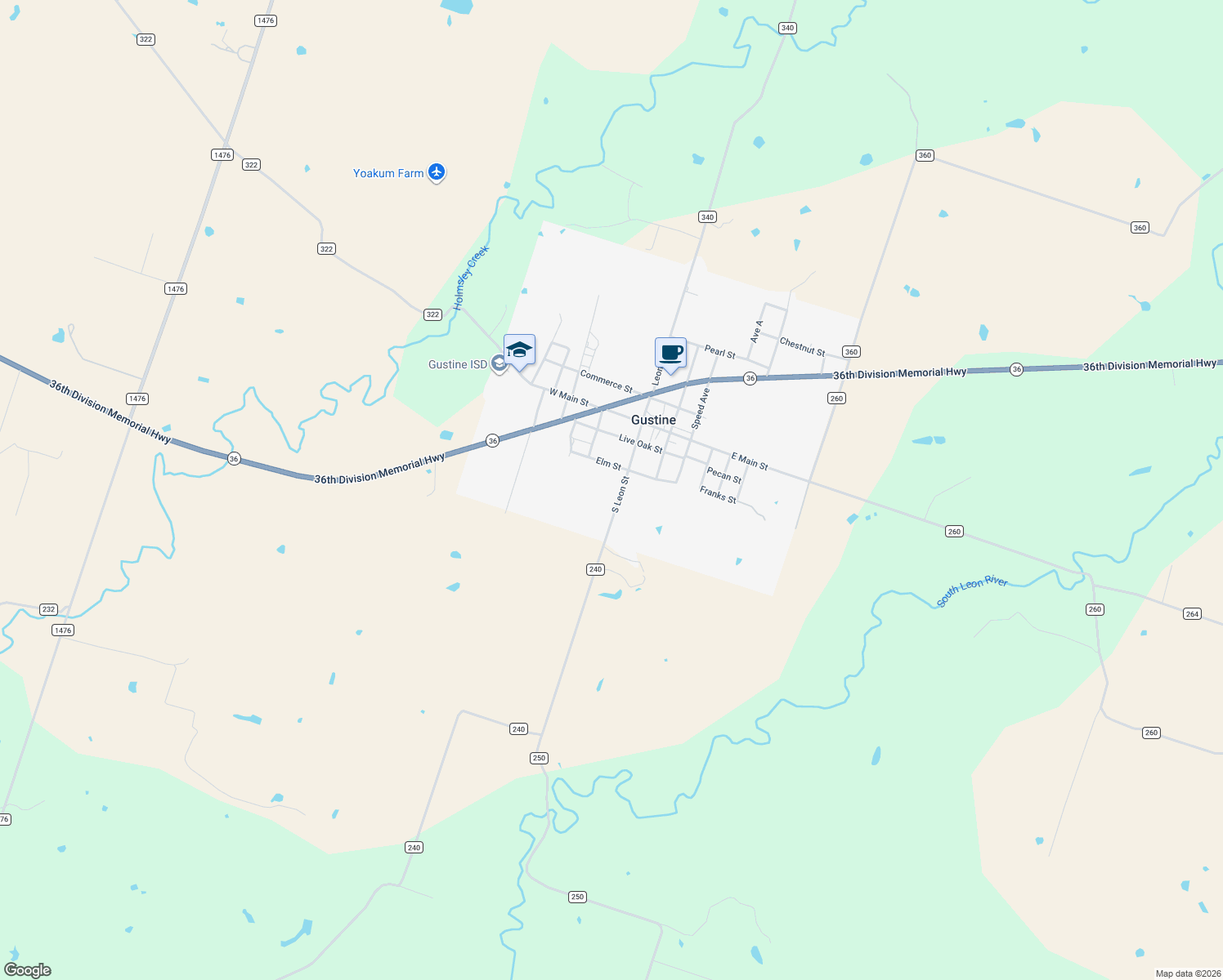 map of restaurants, bars, coffee shops, grocery stores, and more near 304 South Leon Street in Gustine
