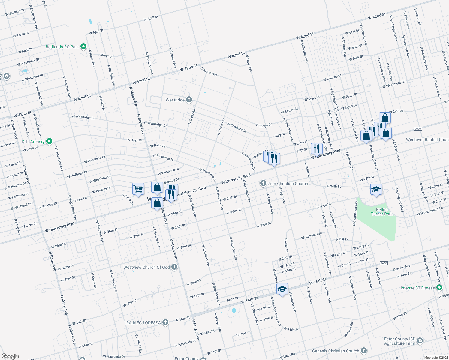 map of restaurants, bars, coffee shops, grocery stores, and more near 9400 W University Blvd in Odessa