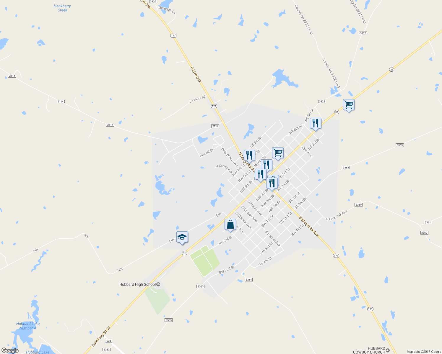 map of restaurants, bars, coffee shops, grocery stores, and more near 701 North Maple Avenue in Hubbard