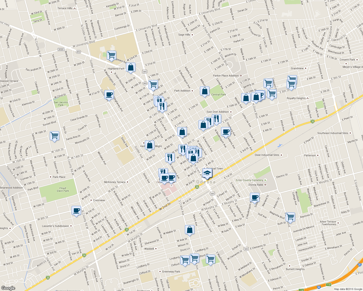 map of restaurants, bars, coffee shops, grocery stores, and more near 801 North Grant Avenue in Odessa