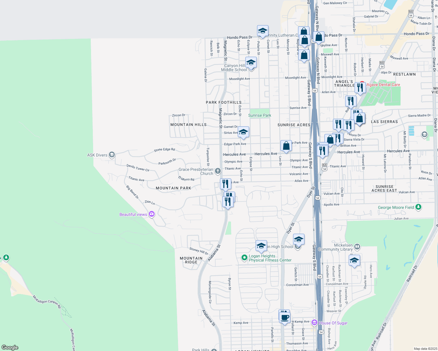 map of restaurants, bars, coffee shops, grocery stores, and more near 8001 Magnetic Street in El Paso