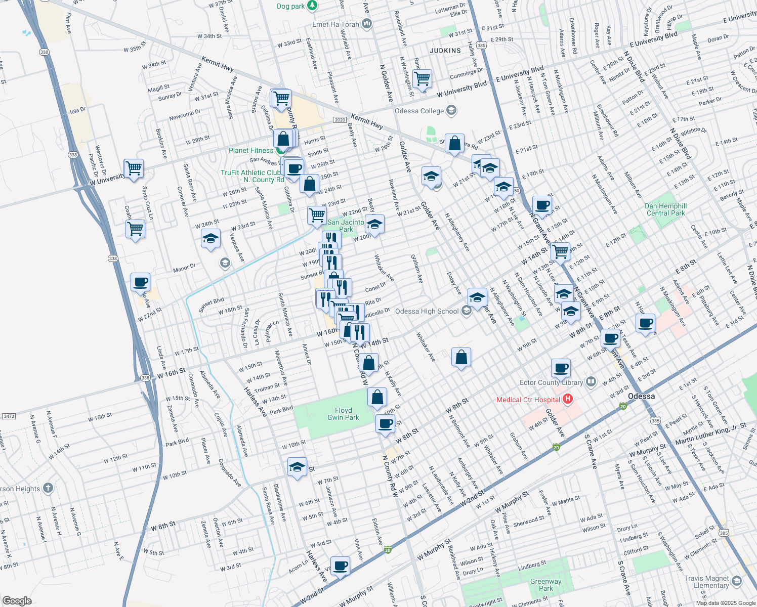 map of restaurants, bars, coffee shops, grocery stores, and more near 217 Santa Rita Drive in Odessa