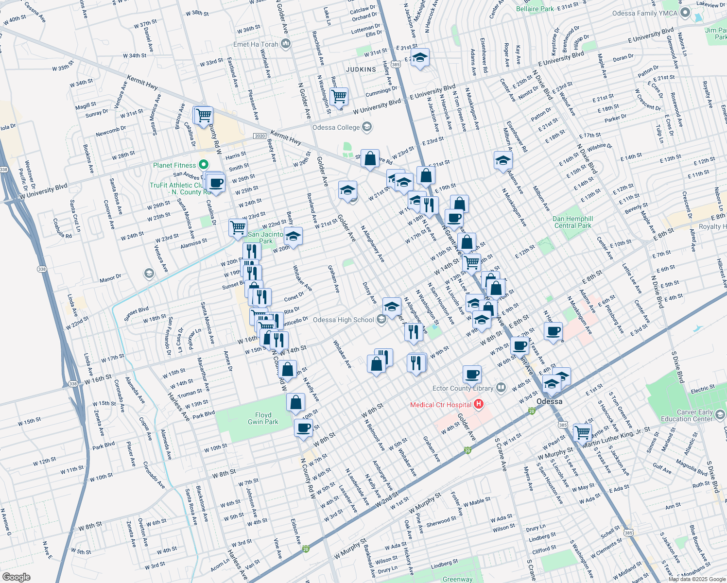 map of restaurants, bars, coffee shops, grocery stores, and more near 1511 Dotsy Ave in Odessa
