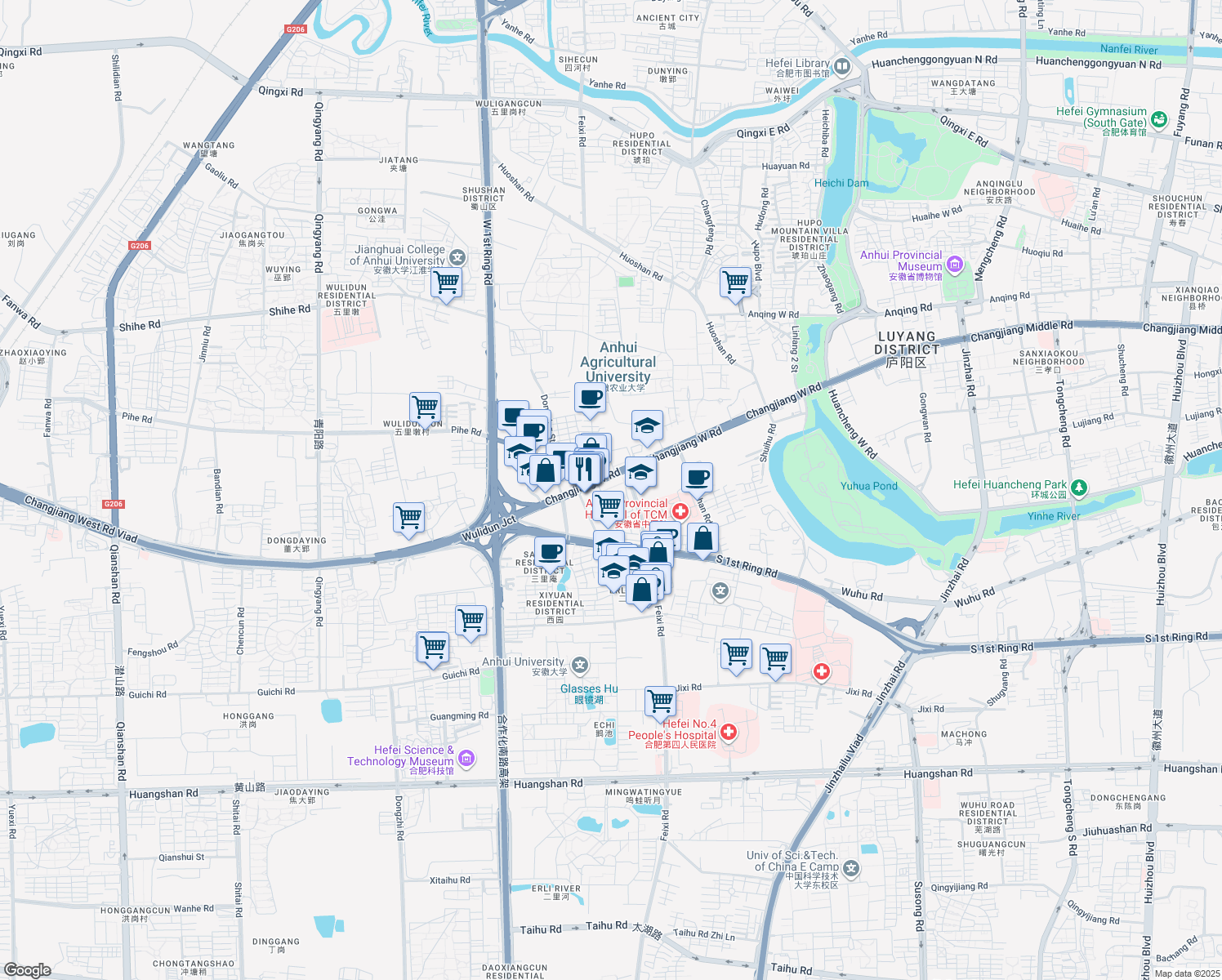 map of restaurants, bars, coffee shops, grocery stores, and more near 189 Chang Jiang Xi Lu in He Fei Shi