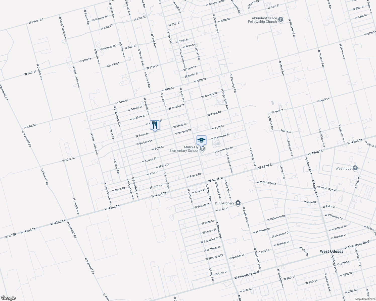 map of restaurants, bars, coffee shops, grocery stores, and more near 12018 West Louise Street in Odessa