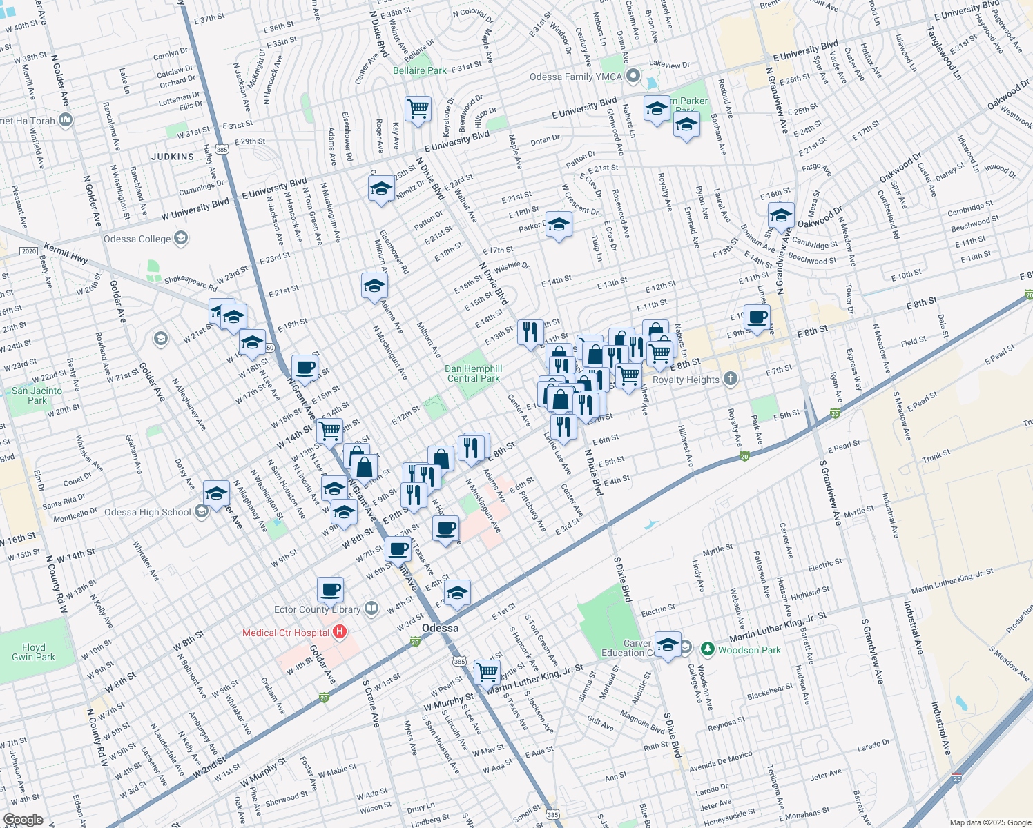 map of restaurants, bars, coffee shops, grocery stores, and more near 823 Center Avenue in Odessa