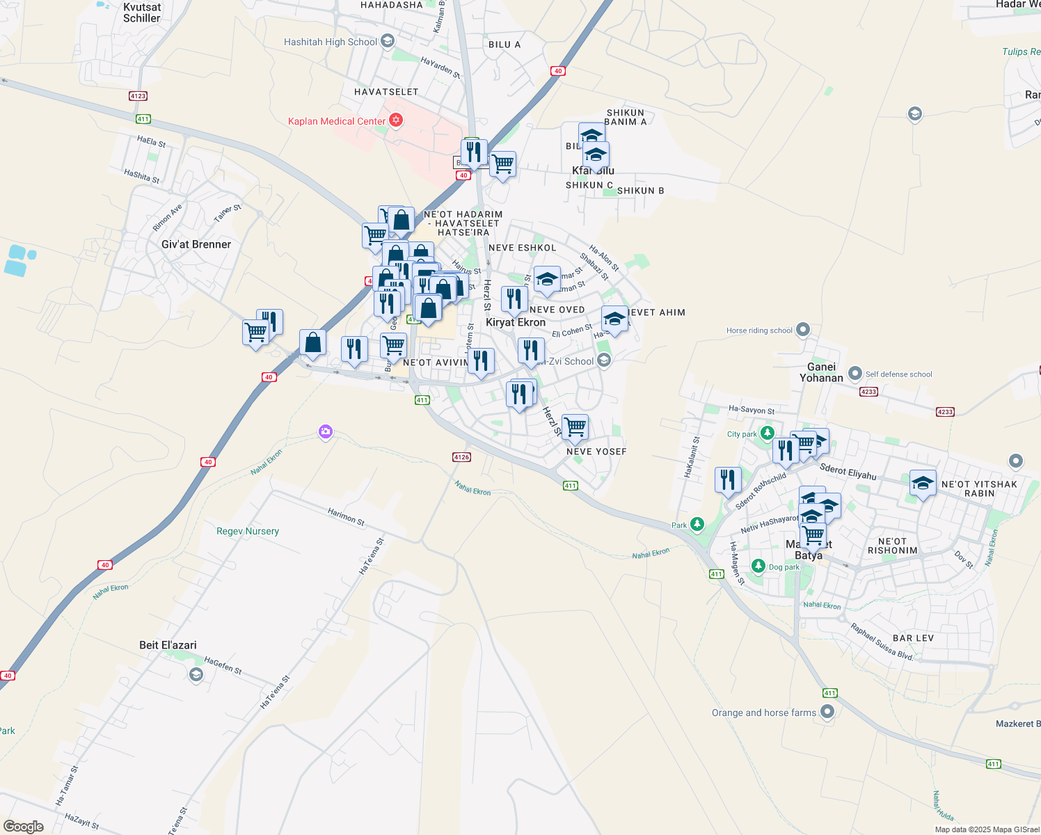map of restaurants, bars, coffee shops, grocery stores, and more near 5 Tsadok HaLevi Street in Kiryat Ekron
