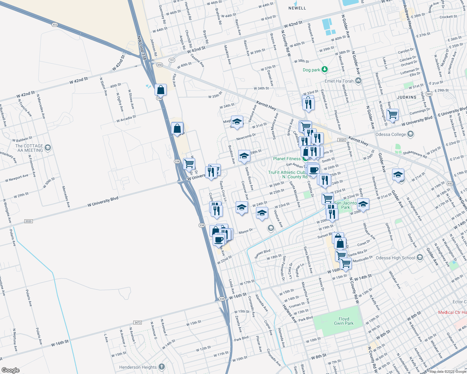 map of restaurants, bars, coffee shops, grocery stores, and more near 1903 Baca Drive in Odessa
