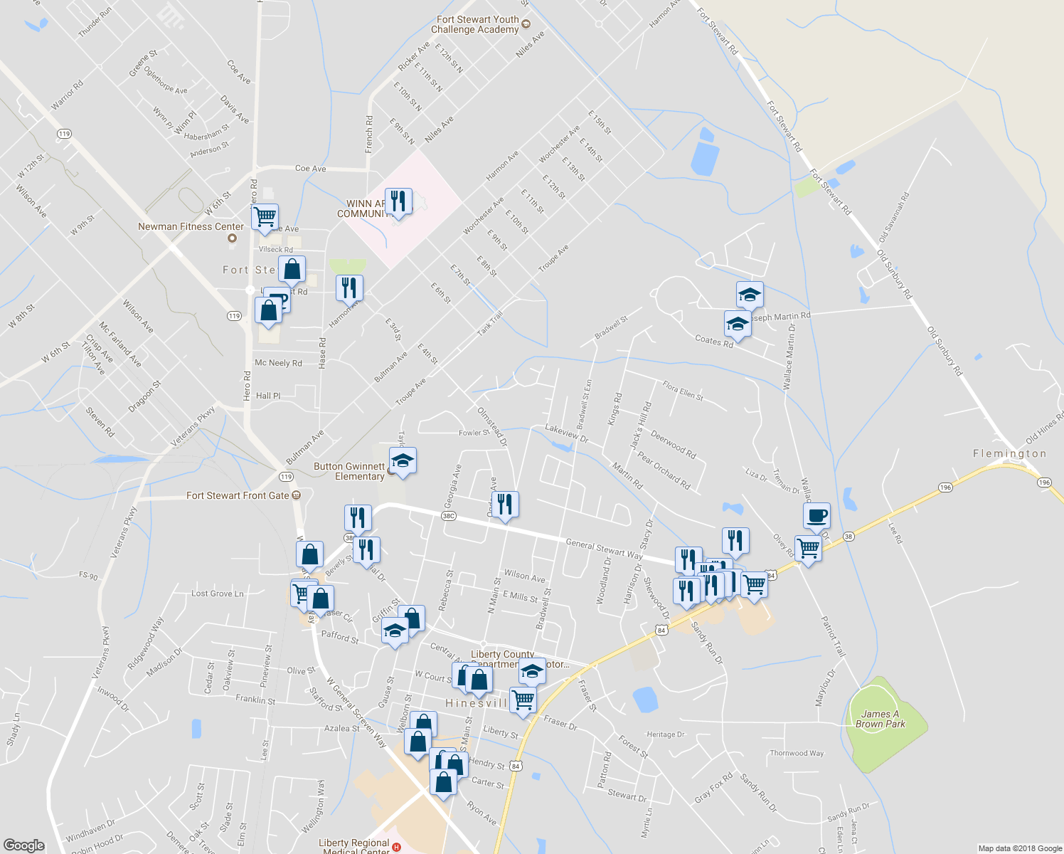map of restaurants, bars, coffee shops, grocery stores, and more near 106 Lakeview Drive in Hinesville