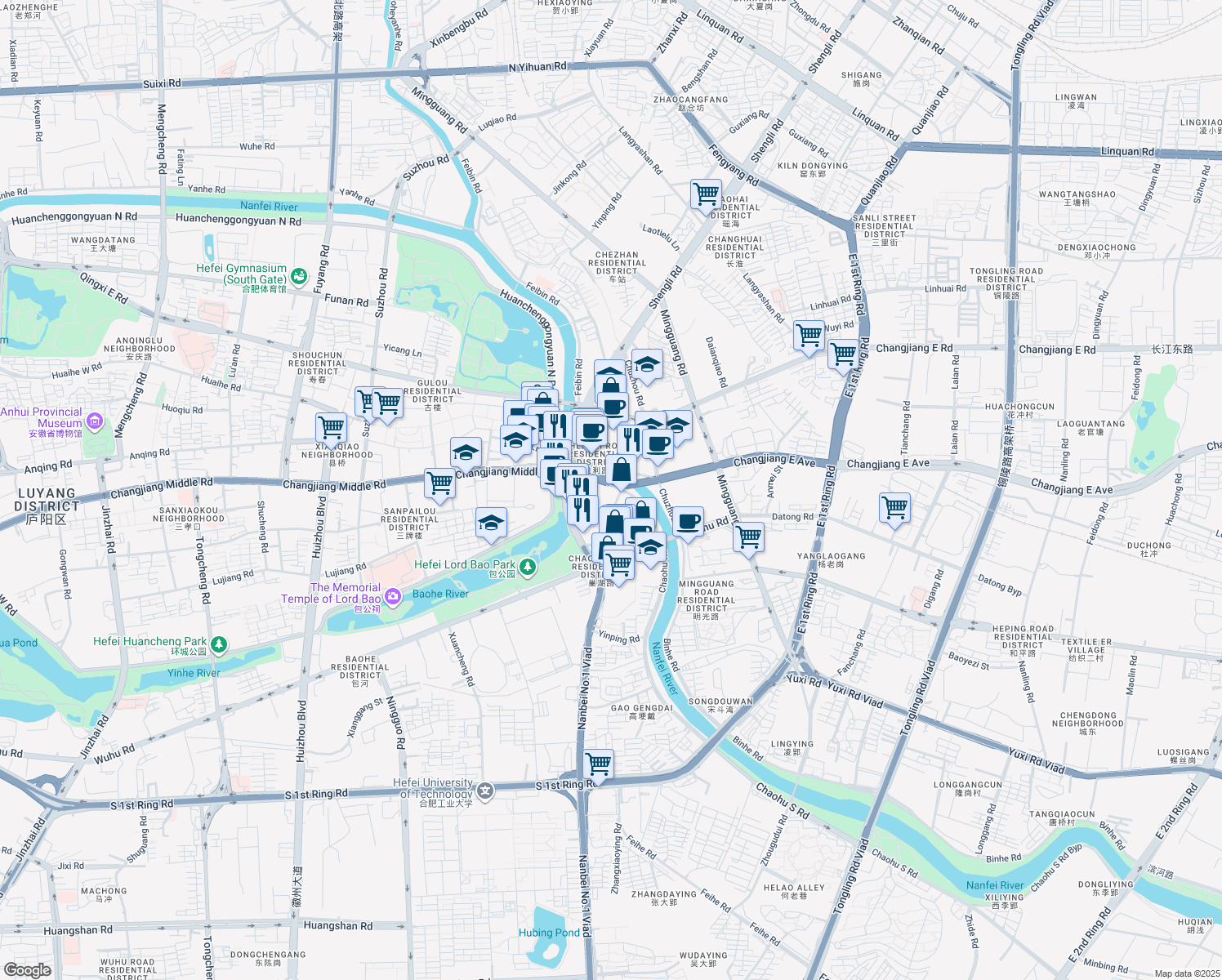 map of restaurants, bars, coffee shops, grocery stores, and more near in Hefei
