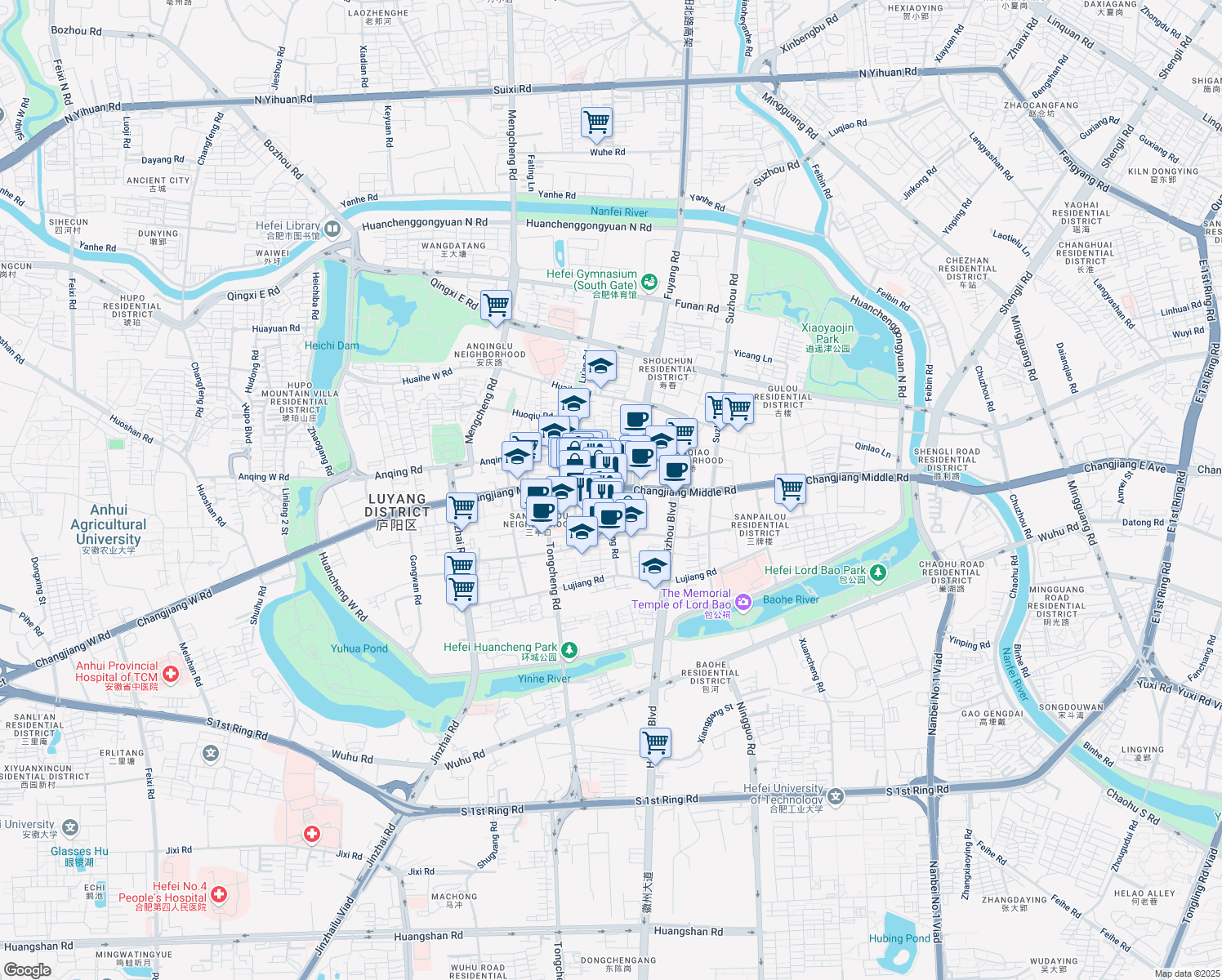 map of restaurants, bars, coffee shops, grocery stores, and more near Chang Jiang Zhong Lu in He Fei Shi