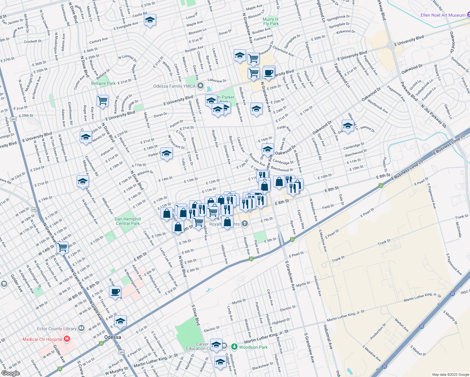 map of restaurants, bars, coffee shops, grocery stores, and more near 2105 Beverly St in Odessa