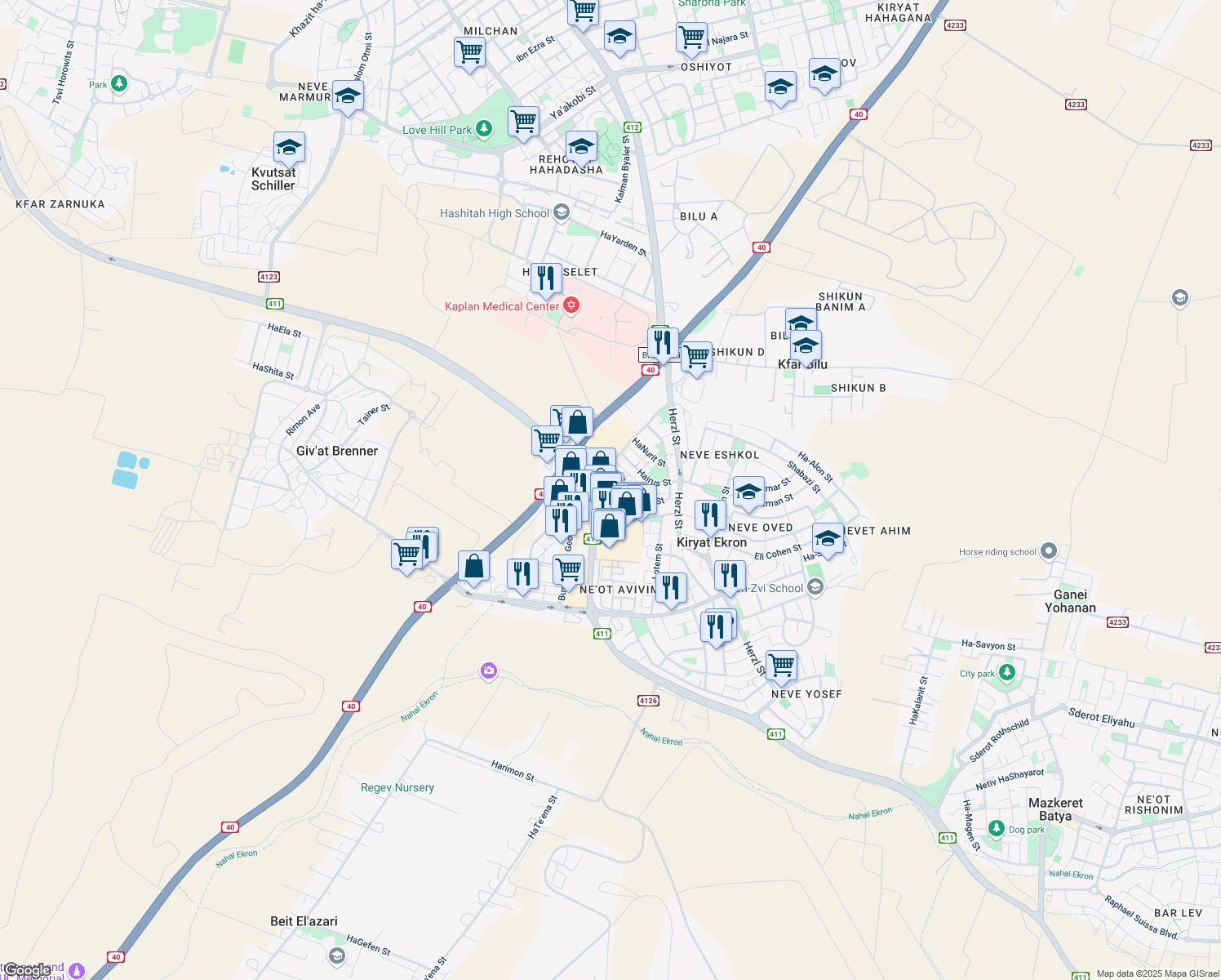 map of restaurants, bars, coffee shops, grocery stores, and more near 5-11 Tsadok HaLevi Street in Kiryat Ekron