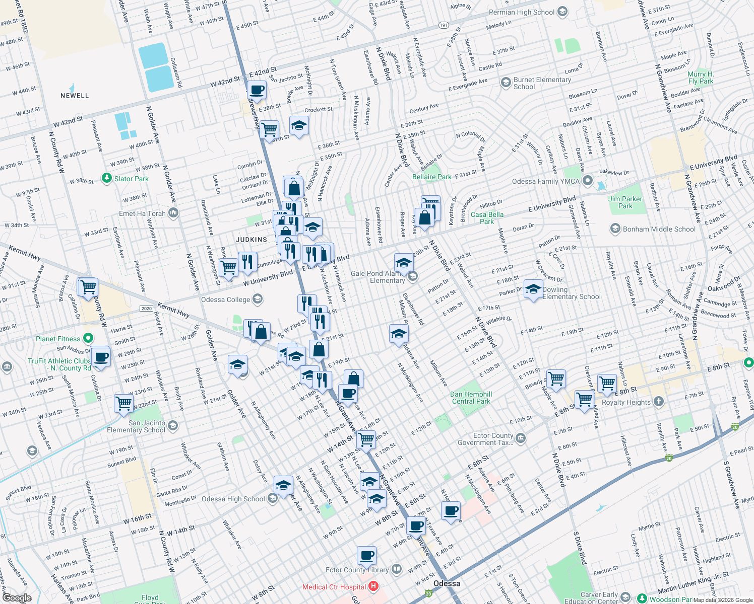 map of restaurants, bars, coffee shops, grocery stores, and more near 2122 North Muskingum Avenue in Odessa