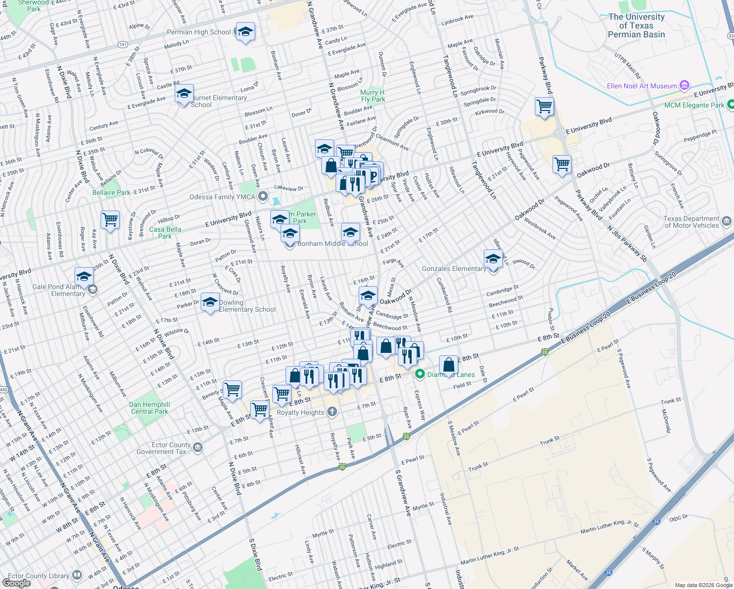map of restaurants, bars, coffee shops, grocery stores, and more near 1500 Shafter Avenue in Odessa