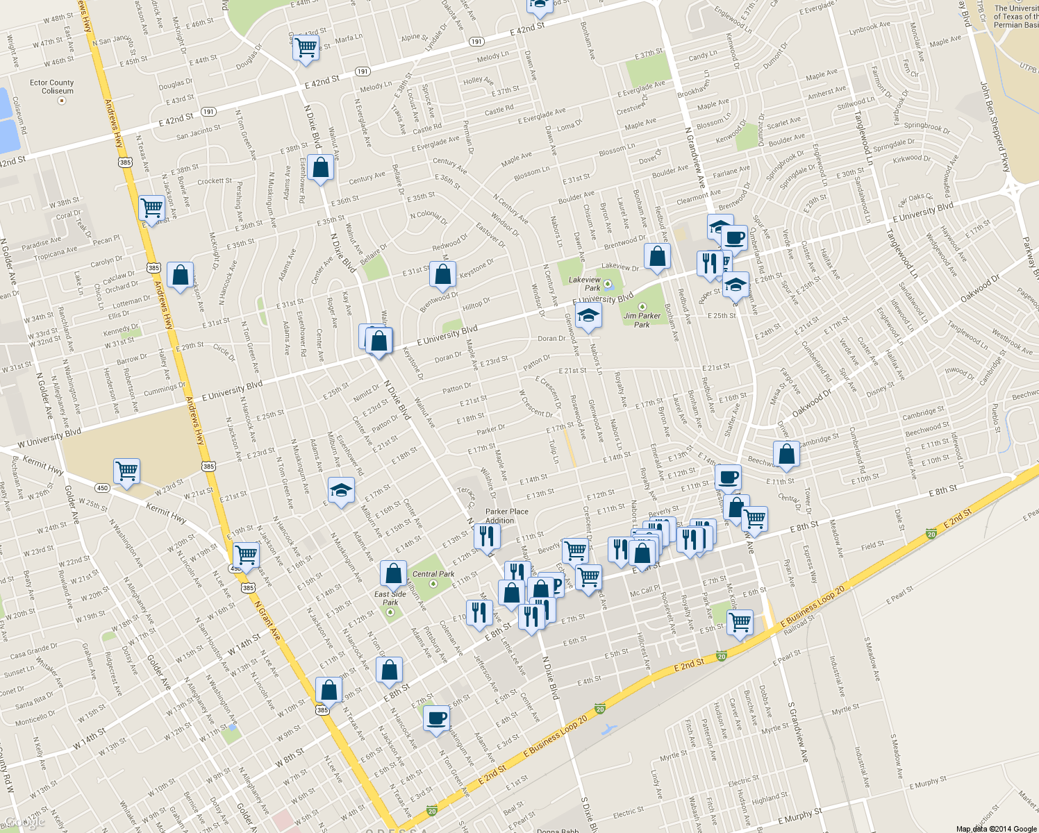 map of restaurants, bars, coffee shops, grocery stores, and more near 1513 Parker Drive in Odessa