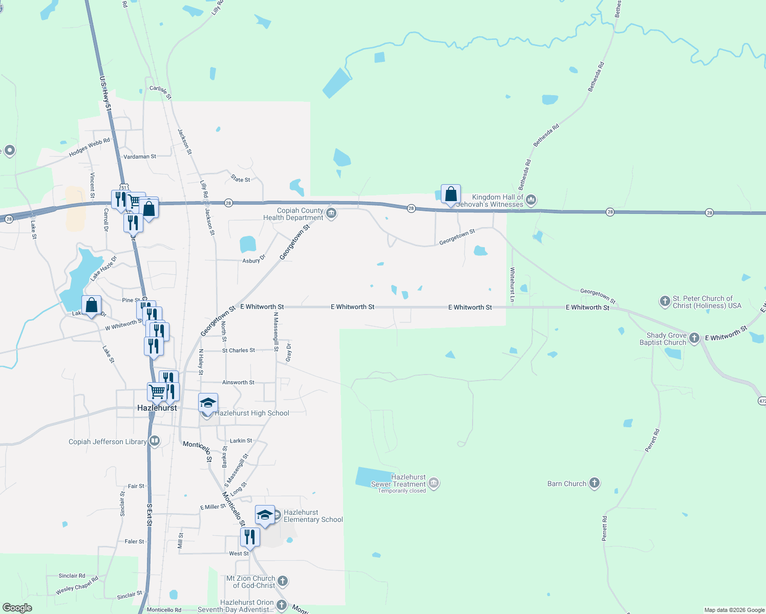map of restaurants, bars, coffee shops, grocery stores, and more near 2057 East Whitworth Street in Hazlehurst
