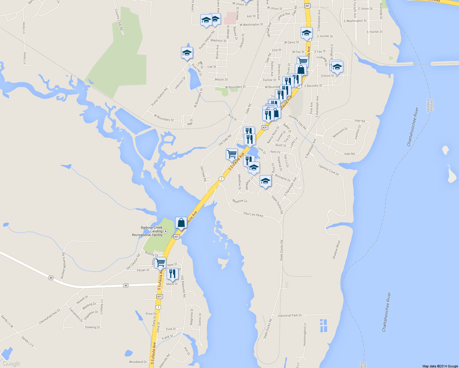 map of restaurants, bars, coffee shops, grocery stores, and more near 12 Paul Lee Parkway in Eufaula