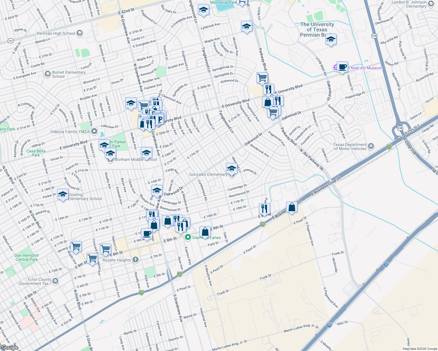 map of restaurants, bars, coffee shops, grocery stores, and more near 2698 Disney St in Odessa