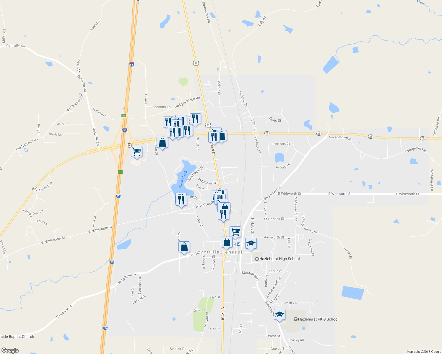 map of restaurants, bars, coffee shops, grocery stores, and more near 113 Hazlewood Drive in Hazlehurst