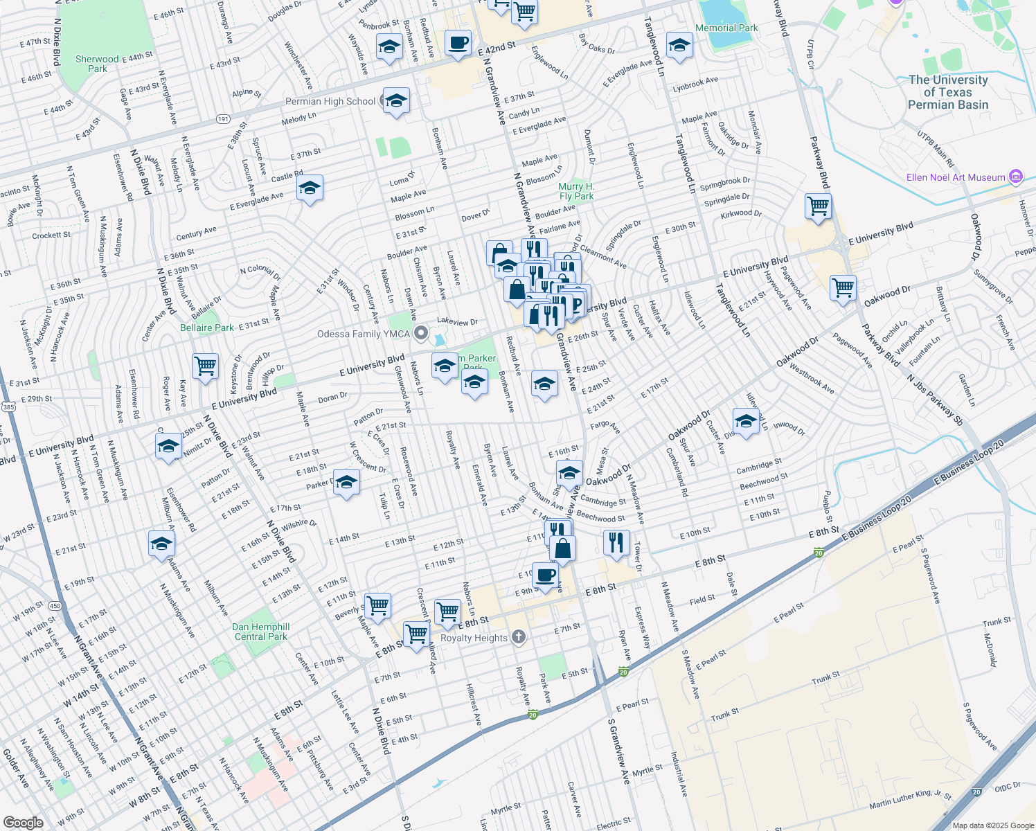 map of restaurants, bars, coffee shops, grocery stores, and more near 2104 Bonham Ave in Odessa