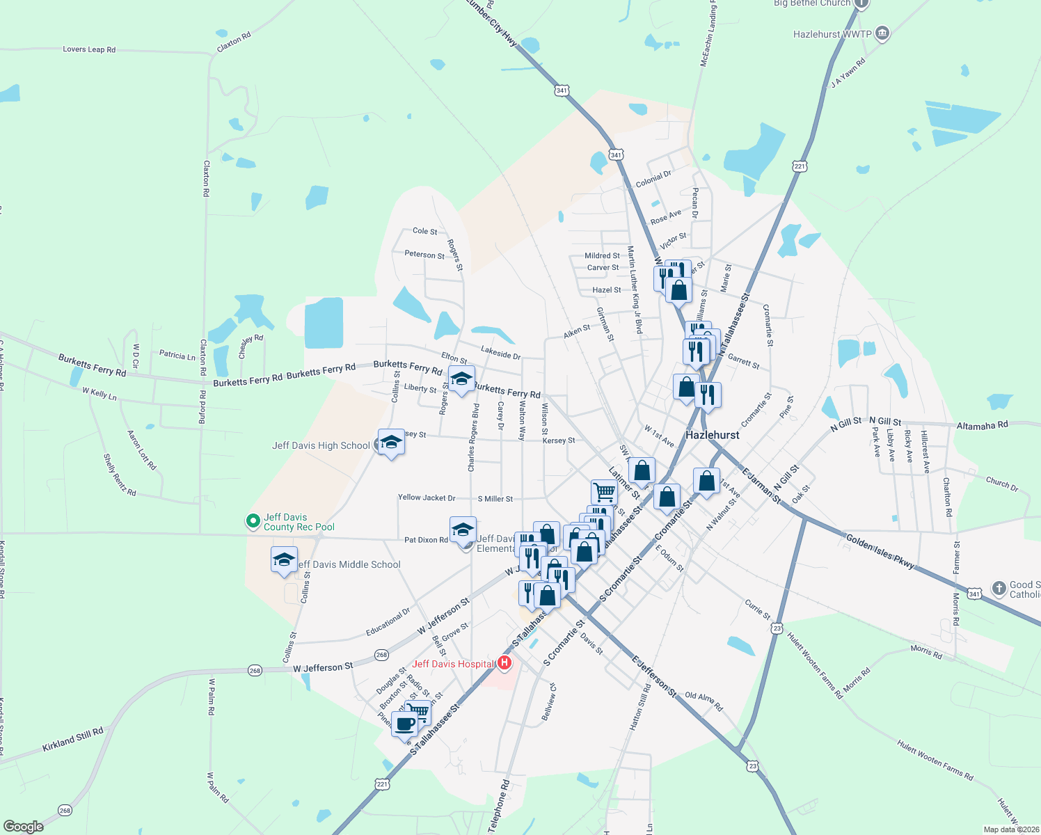 map of restaurants, bars, coffee shops, grocery stores, and more near 89 Walton Way in Hazlehurst