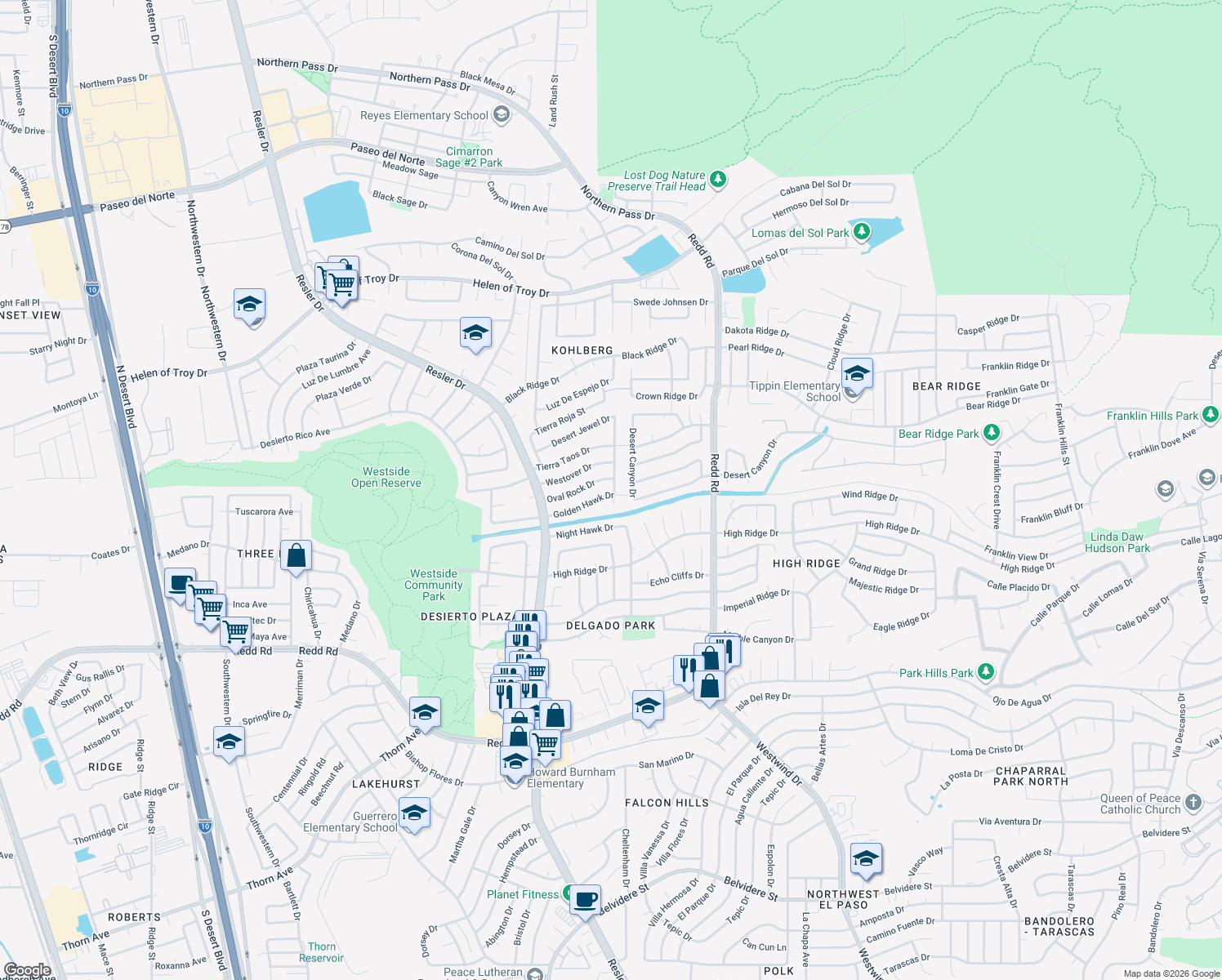 map of restaurants, bars, coffee shops, grocery stores, and more near 7101 Golden Hawk Drive in El Paso