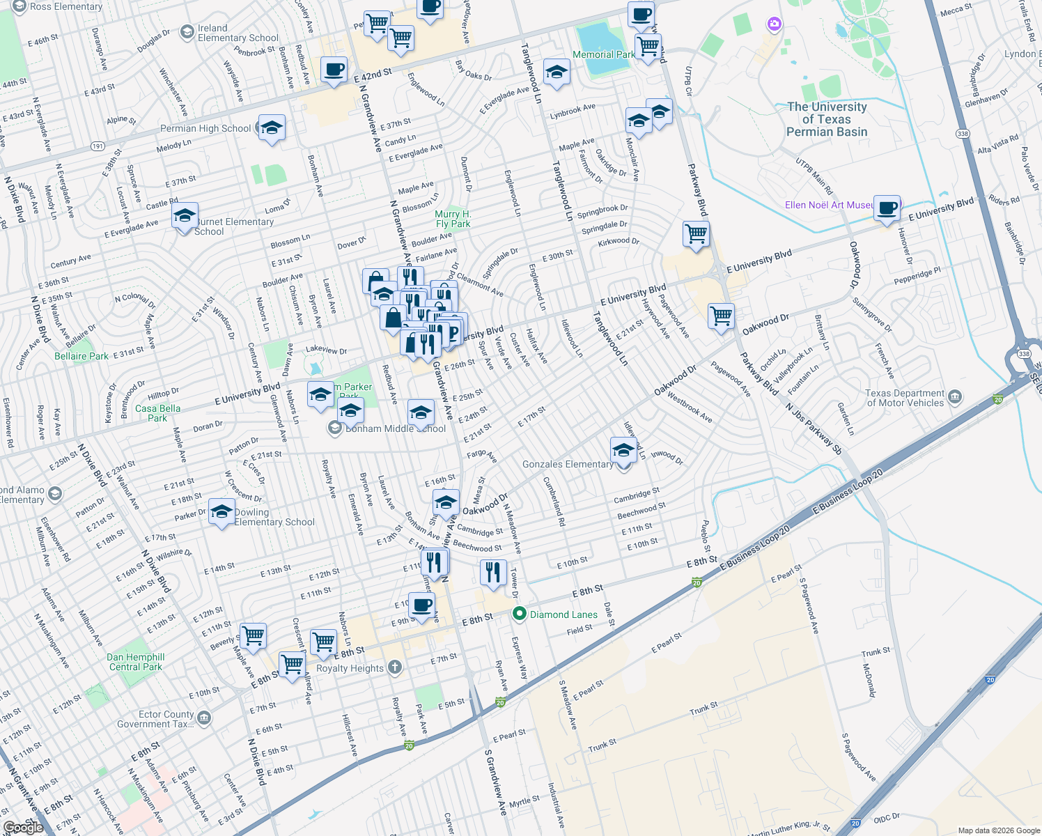 map of restaurants, bars, coffee shops, grocery stores, and more near 2605 E 17th St in Odessa