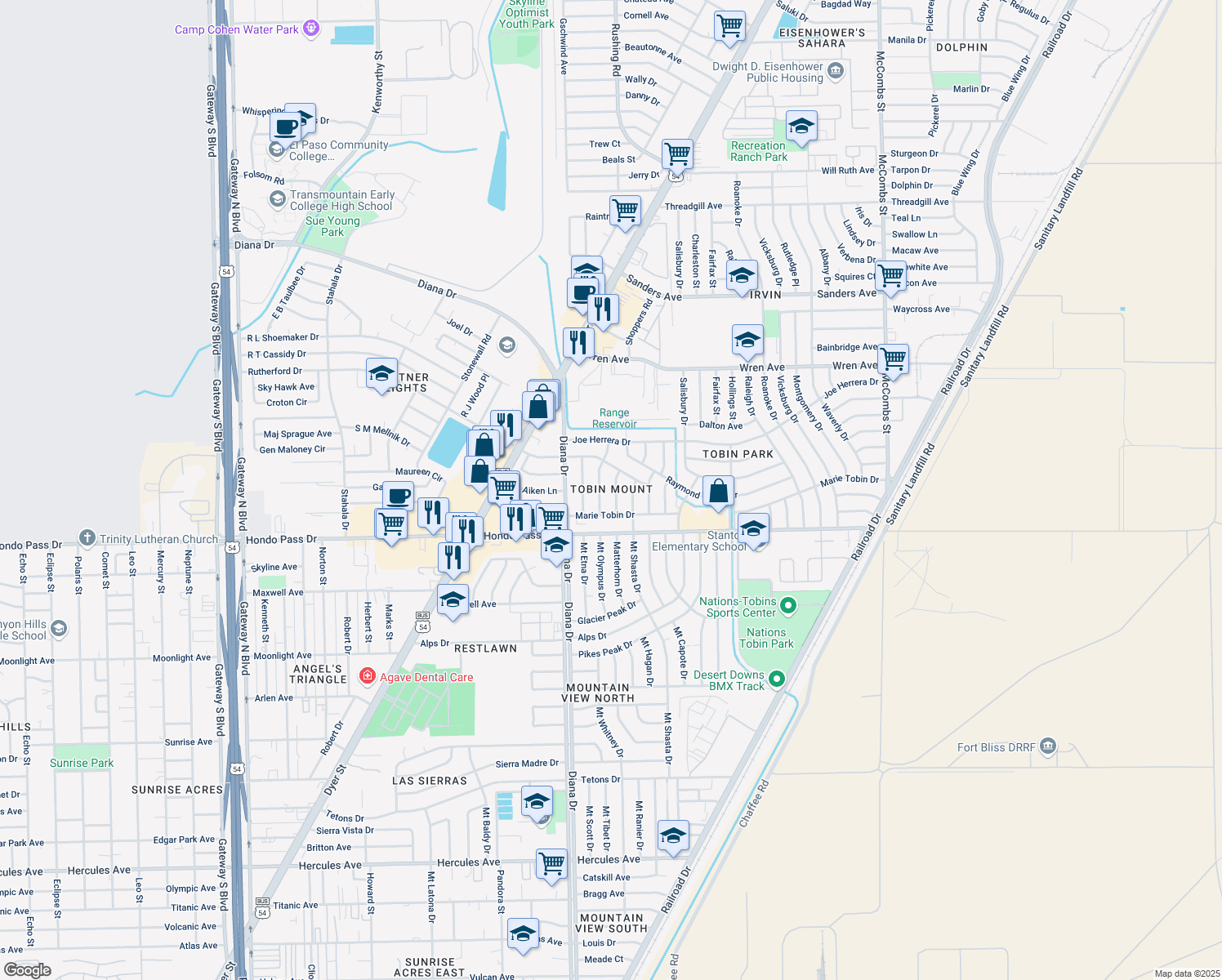map of restaurants, bars, coffee shops, grocery stores, and more near 9131 Matterhorn Drive in El Paso