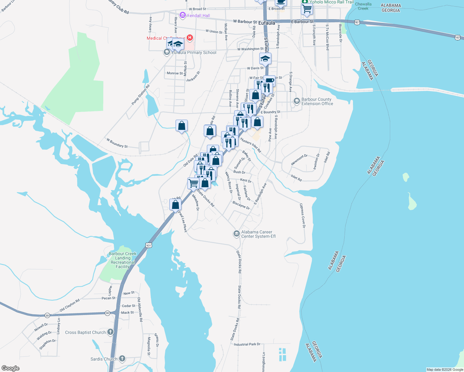 map of restaurants, bars, coffee shops, grocery stores, and more near 307 Nancy Ross Dr in Eufaula