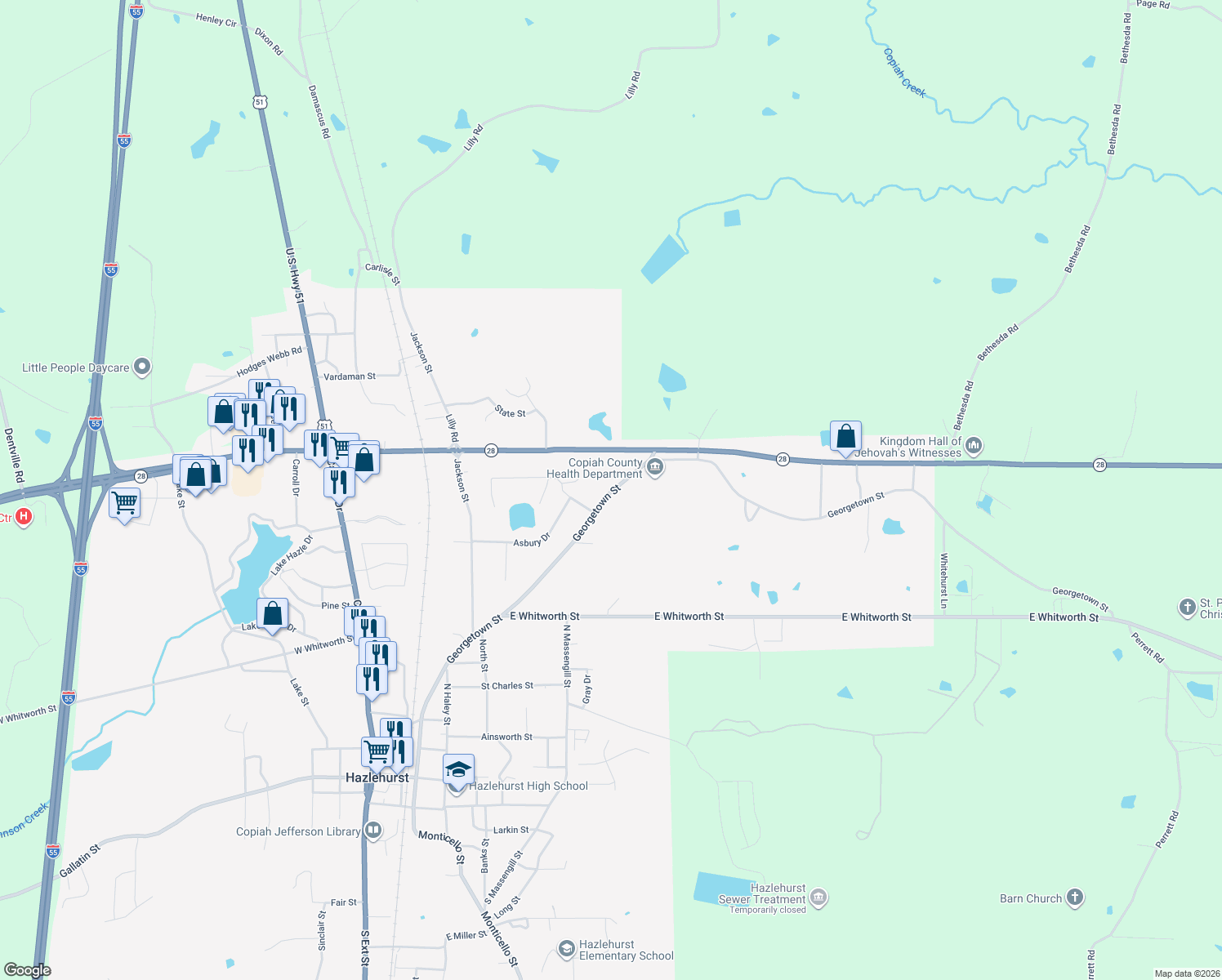 map of restaurants, bars, coffee shops, grocery stores, and more near 499 Georgetown Street in Hazlehurst