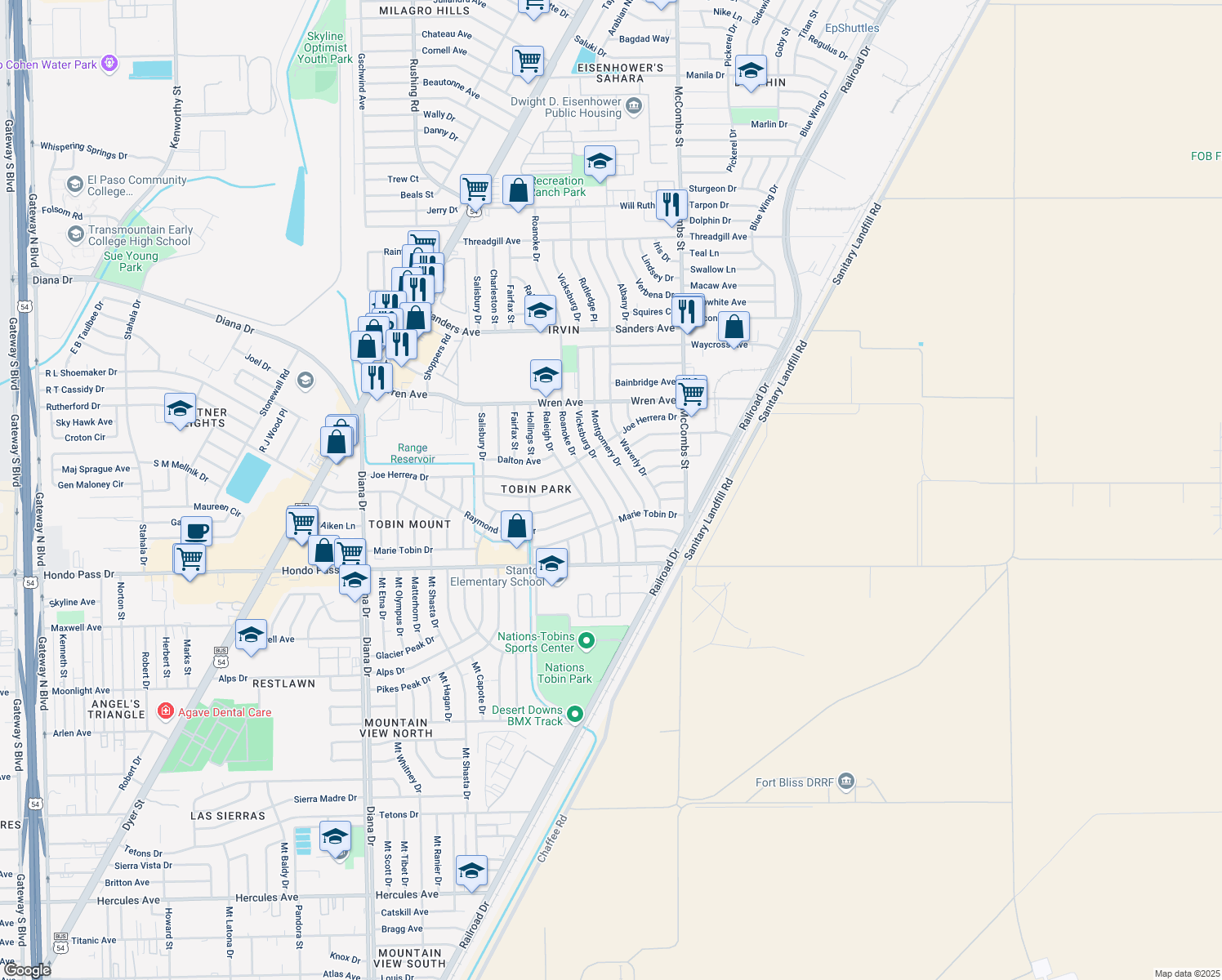 map of restaurants, bars, coffee shops, grocery stores, and more near 9215 Vicksburg Dr in El Paso