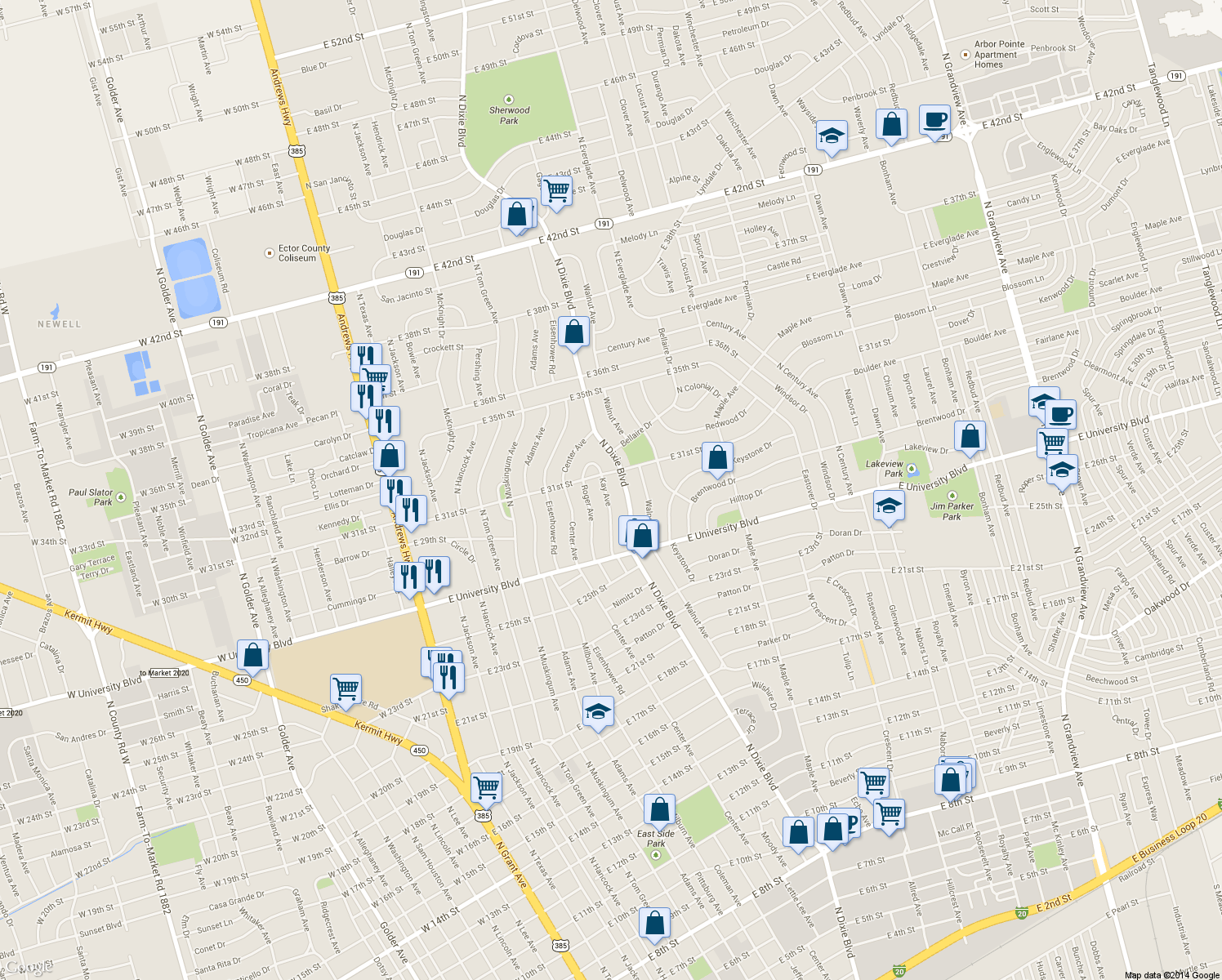 map of restaurants, bars, coffee shops, grocery stores, and more near 2736 Kay Ave in Odessa