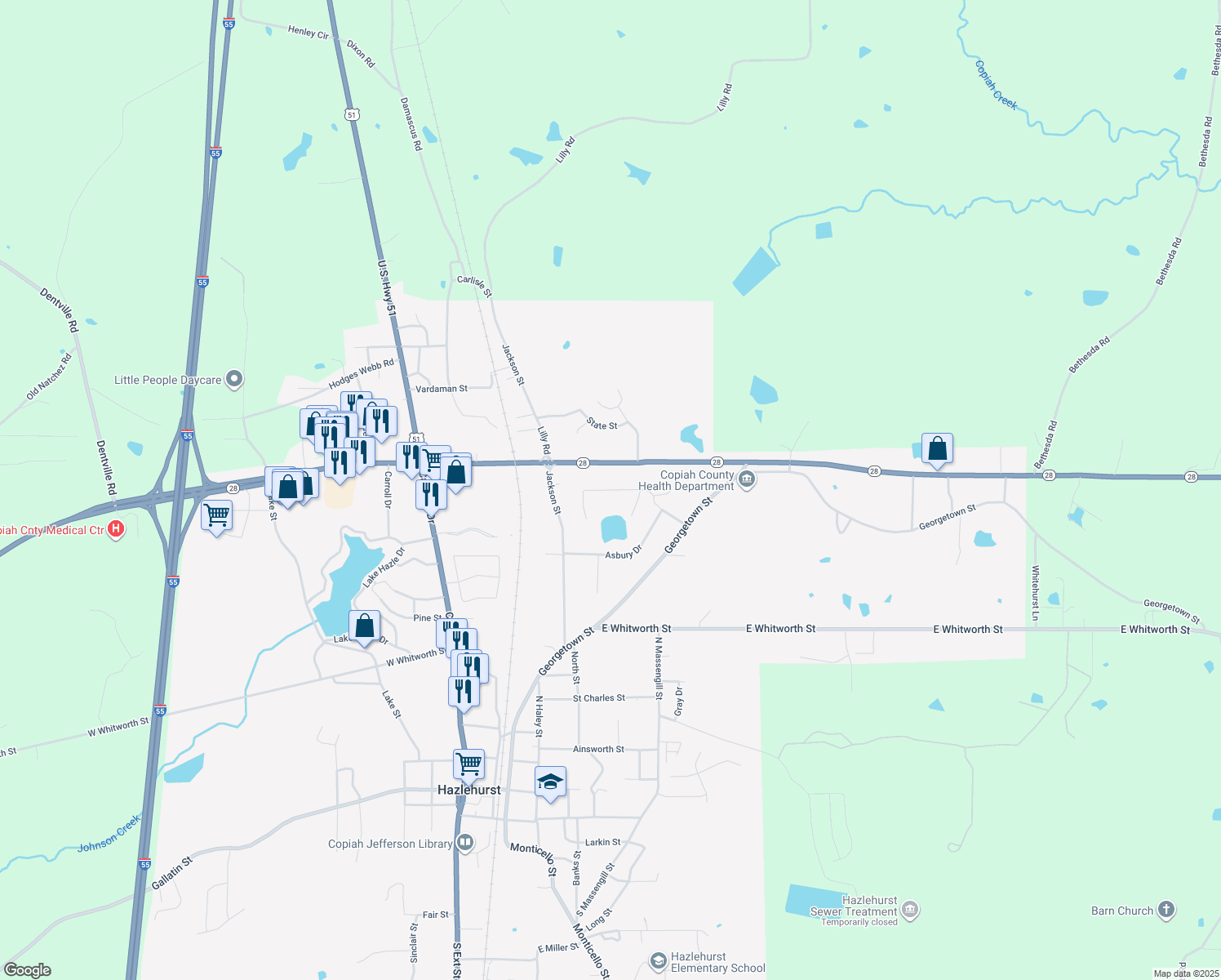 map of restaurants, bars, coffee shops, grocery stores, and more near 256 Pinehurst Circle in Hazlehurst